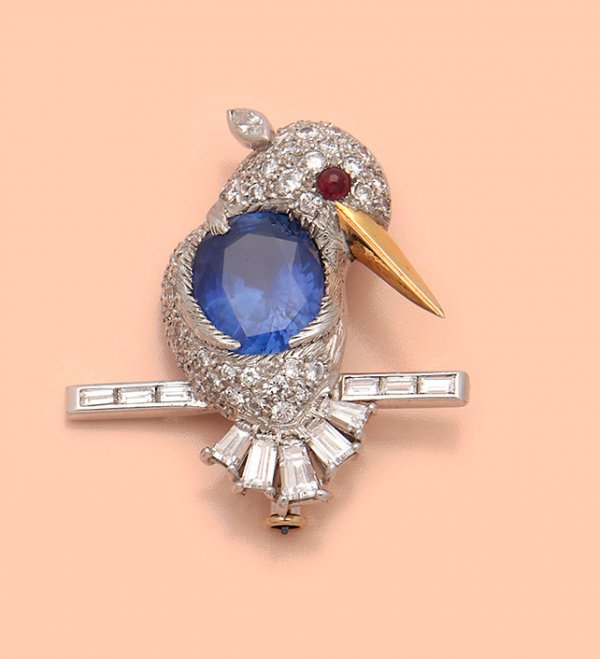 Hochfeine Saphir-Diamantbrosche Eisvogel
