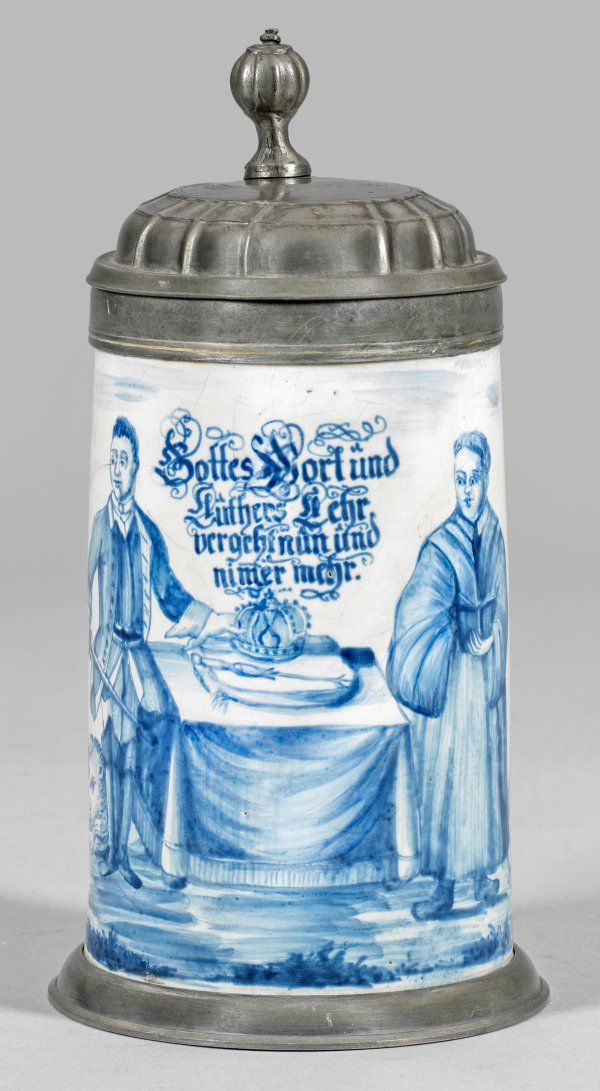 Seltener Nürnberger Walzenkrug mit Darstellung Martin