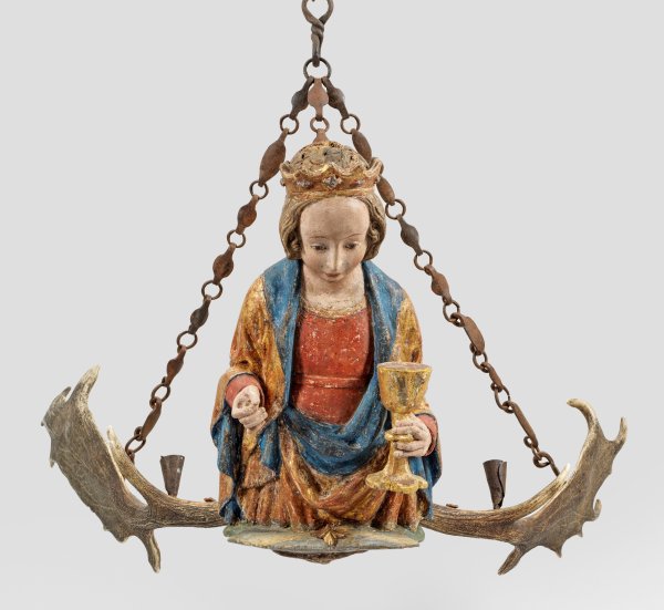 Seltenes gotisches Lüsterweibchen mit Hl. Barbara