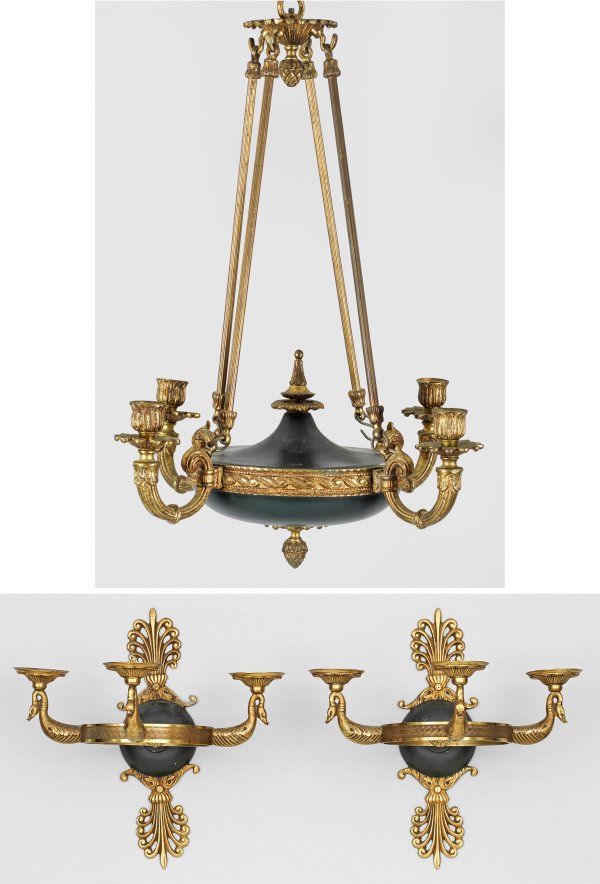 Deckenlampe und Paar Wandappliken im Empire-Stil