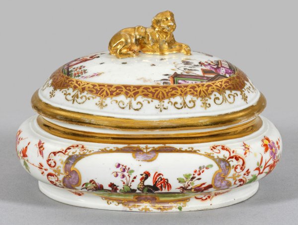 Frühe Meissen Zuckerdose mit seltenen Hoeroldt-Chinoiserien