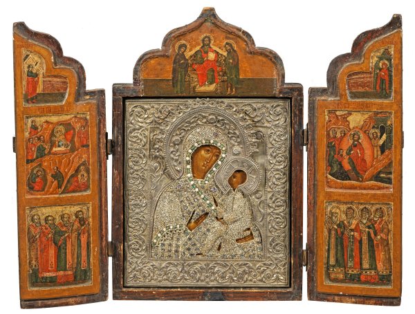 Frühes Triptychon mit Ikone der Gottesmutter von Tichwin