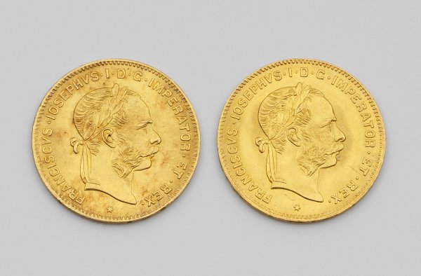 Zwei Goldmünzen Österreich, 4 Florin/10 Franken, 1892
