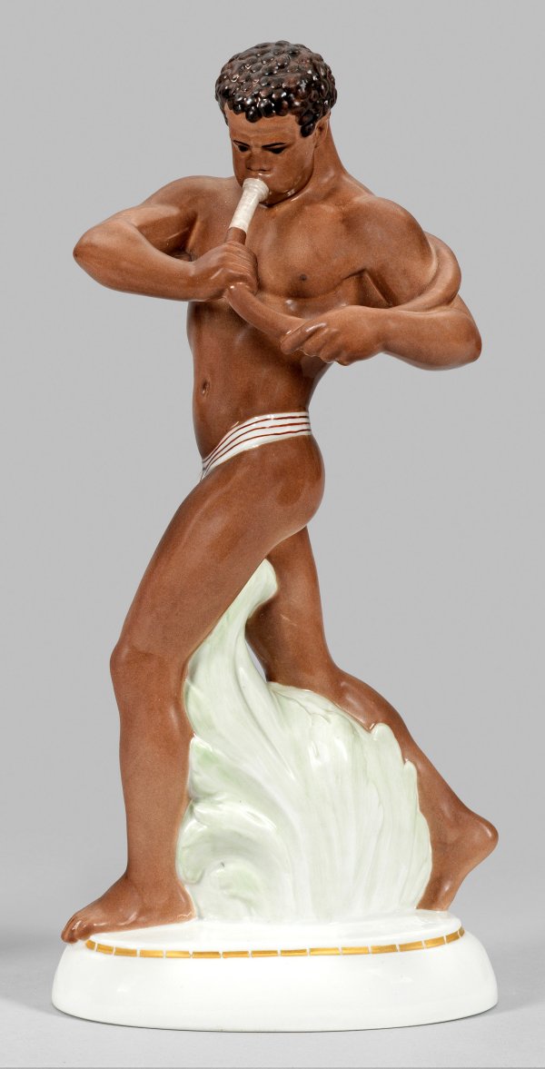 Seltene Jugendstil-Figur Afrikaner mit Waldhorn