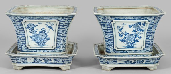 Paar große Cachepots mit Vogeldekor in Blaumalerei