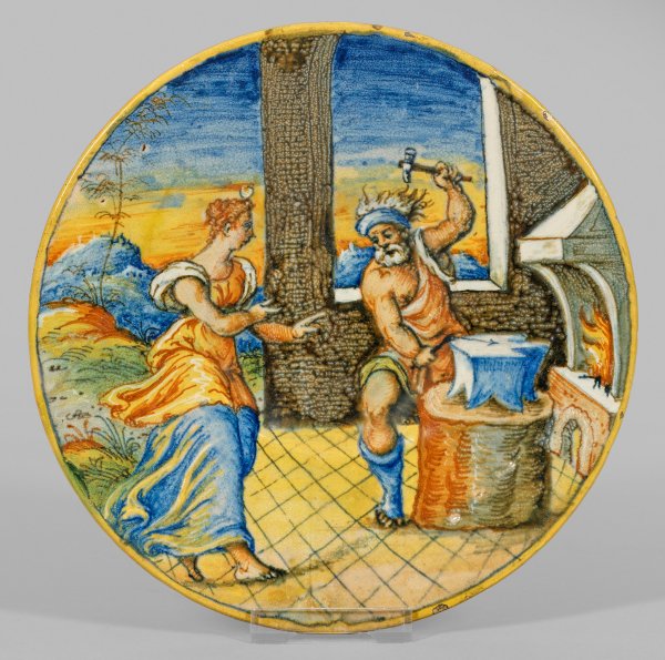 Seltener Istoariato-Teller (Tondino) mit Vulkan und Venus