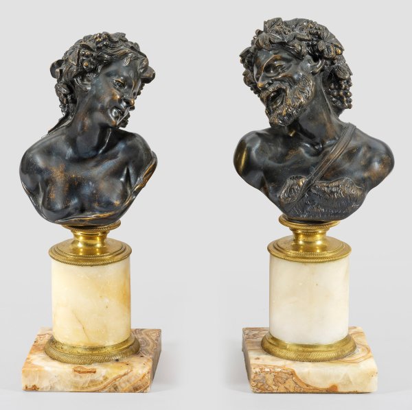 Paar Büsten Bacchantin und Bacchus nach Clodion