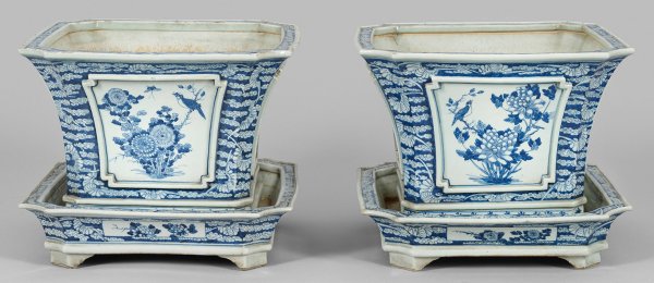 Paar große Cachepots mit Vogeldekor in Blaumalerei